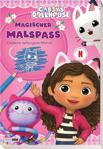 Buchcover und Innenansicht für das Buch: Gabby's Dollhouse: Magischer Malspaß - Entdecke verborgene Motive!