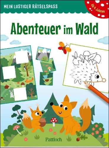 Buchcover und Innenansicht für das Buch: Mein lustiger Rätselspaß - Abenteuer im Wald