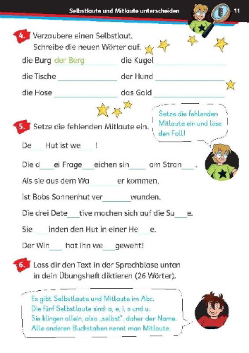Buchcover und Innenansicht für das Buch: Die drei ??? Kids: Mein Übungsheft Deutsch 2. Klasse - Richtig schreiben