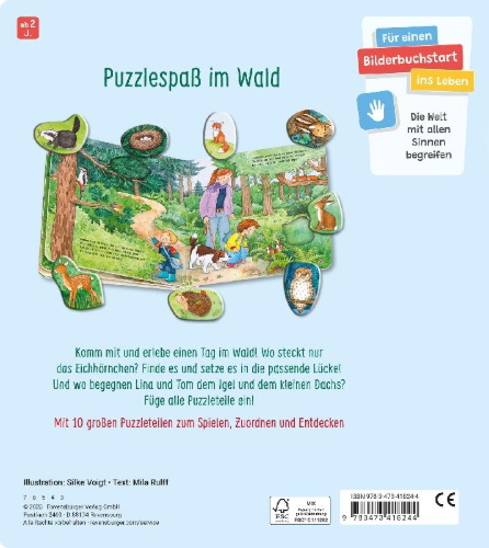 Buchcover und Innenansicht für das Buch: Mein großes Puzzle-Spielbuch - Wald