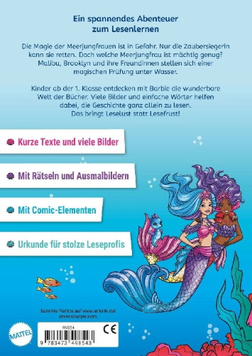Buchcover und Innenansicht für das Buch: Barbie - Meerjungfrauen-Power: Das magische Turnier - Erstlesebuch zum Lesenlernen