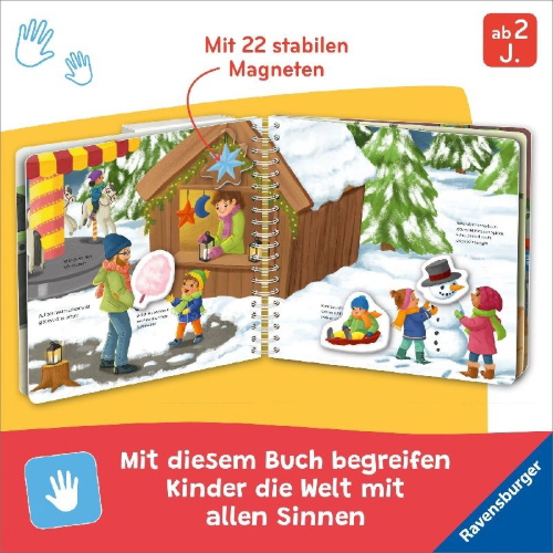 Buchcover und Innenansicht für das Buch: Mein großes Magnetbuch - Wir feiern Weihnachten: Mit 22 Magneten