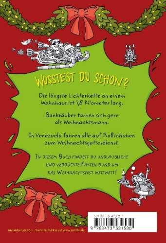 Buchcover und Innenansicht für das Buch: Verrückte Fakten - Frohe Weihnachten! Alles über Wichtel, den Nikolaus und die lustigsten Weihnachtsgeschenke
