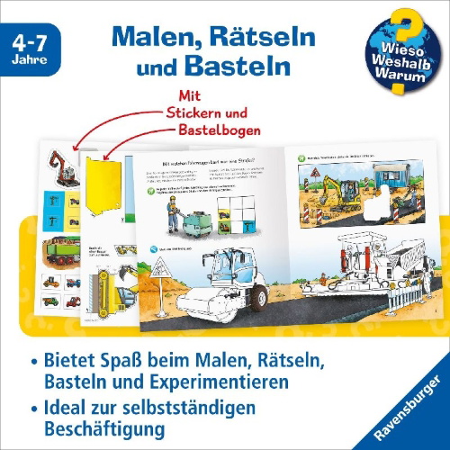 Buchcover und Innenansicht für das Buch: Wieso? Weshalb? Warum? aktiv-Heft: Fahrzeuge auf der Baustelle