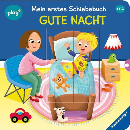 Buchcover und Innenansicht für das Buch: Play+ Mein erstes Schiebebuch Gute Nacht - ab 18 Monate