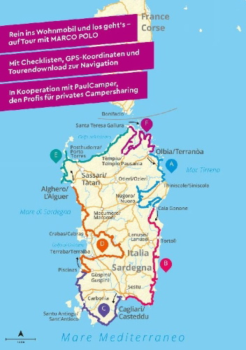Buchcover und Innenansicht für das Buch: MARCO POLO Camper Guide Sardinien