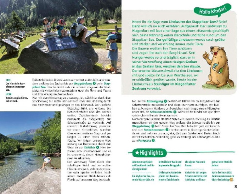 Buchcover und Innenansicht für das Buch: ROTHER Wanderbuch ErlebnisWandern mit Kindern Kärnten. 40 Touren