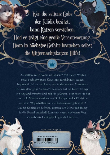 Buchcover und Innenansicht für das Buch: Mitternachtskatzen, Band 1: Die Schule der Felidix (Katzenflüsterer-Fantasy in London für Kinder ab 9 Jahren)