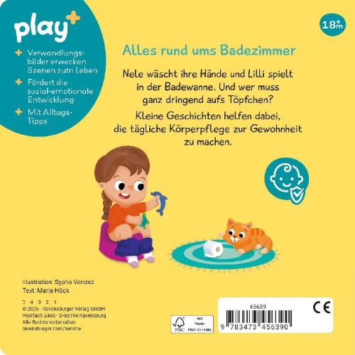 Buchcover und Innenansicht für das Buch: Play+ Mein erstes Schiebebuch Baden, waschen, Zähne putzen - ab 18 Monate