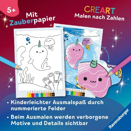 Buchcover und Innenansicht für das Buch: CreArt Malen nach Zahlen ab 5 - Zauberpapier: Kawaii Süße Freunde
