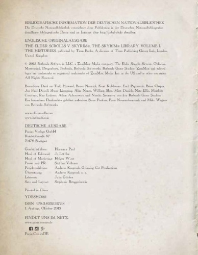 Buchcover und Innenansicht für das Buch: The Elder Scrolls V: Skyrim - The Skyrim Library, Vol. I: The Histories