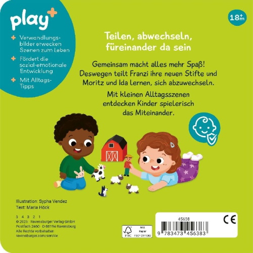 Buchcover und Innenansicht für das Buch: Play+ Mein erstes Schiebebuch Teilen und vertragen - ab 18 Monate