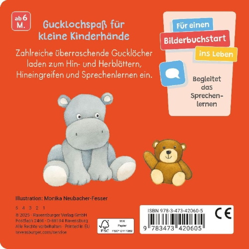Buchcover und Innenansicht für das Buch: Mein Gucklochbuch: Erste Sachen, Pappbilderbuch für Kinder ab 6 Monaten, mit Spieleffekt