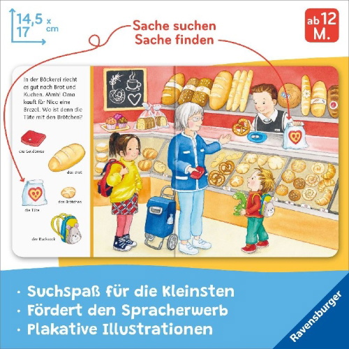 Buchcover und Innenansicht für das Buch: Mein erstes Sachen suchen: Beim Einkaufen