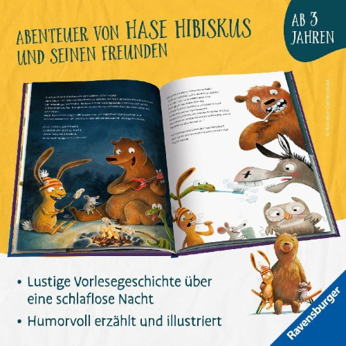 Buchcover und Innenansicht für das Buch: Hase Hibiskus und die (K)Einschlafparty