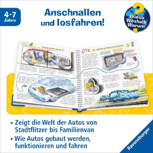 Buchcover und Innenansicht für das Buch: Wieso? Weshalb? Warum?, Band 28: Wir entdecken Autos