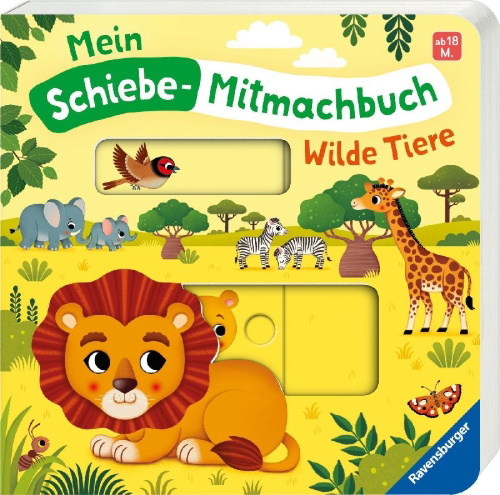 Buchcover und Innenansicht für das Buch: Mein Schiebe-Mitmachbuch - Wilde Tiere
