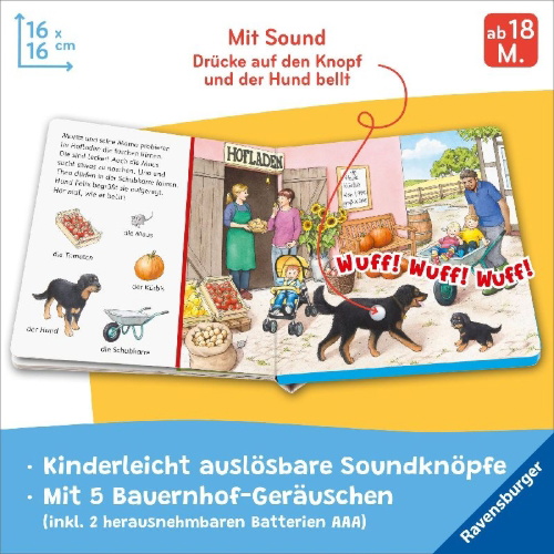 Buchcover und Innenansicht für das Buch: Hör mal hin - Sachen suchen, Sachen hören: Bauernhof