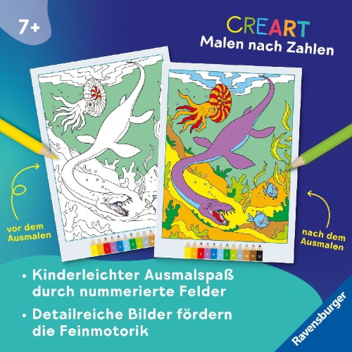 Buchcover und Innenansicht für das Buch: CreArt Malen nach Zahlen ab 7: Dinosaurier