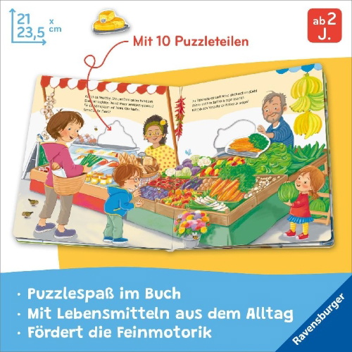 Buchcover und Innenansicht für das Buch: Mein großes Puzzle-Spielbuch - Das essen wir heute