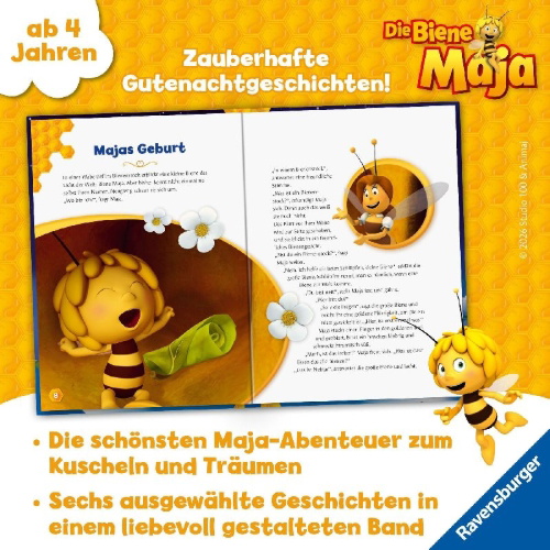 Buchcover und Innenansicht für das Buch: Die Biene Maja: Die schönsten Gutenachtgeschichten