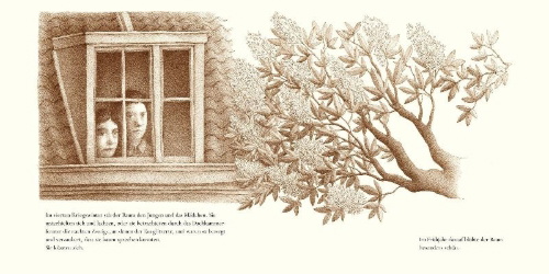 Buchcover und Innenansicht für das Buch: The Tree in the Courtyard. Looking Through Anne Frank's Window