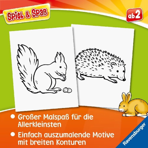 Buchcover und Innenansicht für das Buch: Spiel & Spaß - Mein allererster Malblock: Tiere