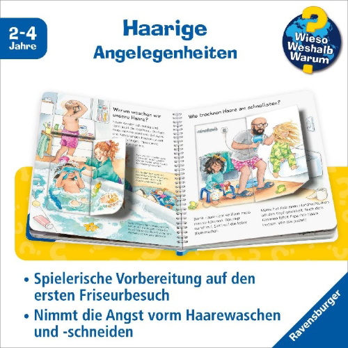 Buchcover und Innenansicht für das Buch: Wieso? Weshalb? Warum? junior, Band 79 - Kämmen, schneiden, Haare waschen